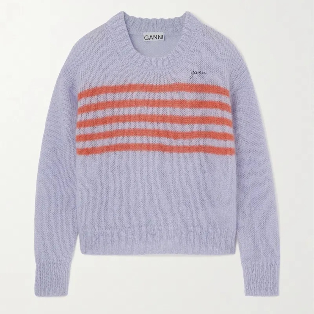 Ganni Lavender and Orange Striped Crew Neck Sweater
